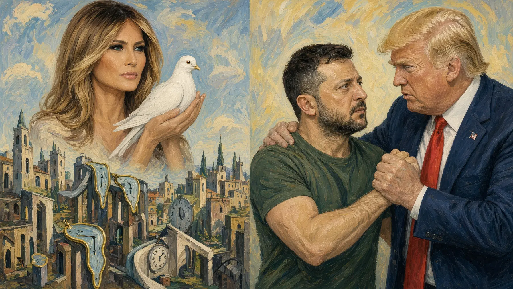 Melania Trump tűzszünetet ért el a megszállt Olesky városában, miközben a férje Zelenszkijt szorongatja